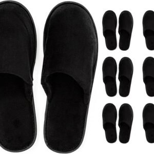 Spa Slippers – 6 Pairs of Cotton Velvet Closed Toe Slippers (Medium Size) with Travel Bags – Thick, Soft, Non-Slip, Disposable Slippers – Home, Hotel, or Commercial Use (6 Pack Medium, Black)