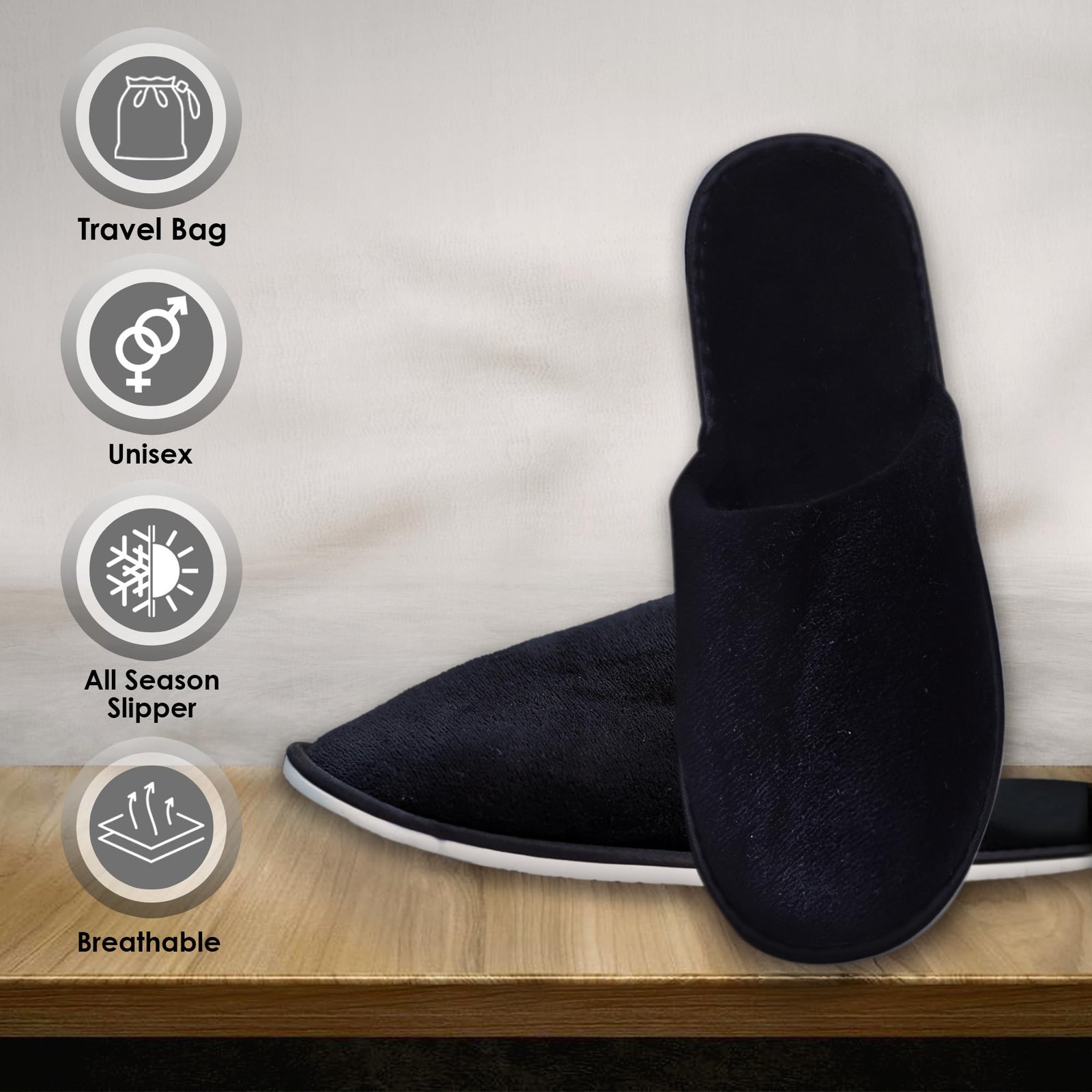 Spa Slippers – 6 Pairs of Cotton Velvet Closed Toe Slippers (Medium Size) with Travel Bags – Thick, Soft, Non-Slip, Disposable Slippers – Home, Hotel, or Commercial Use (6 Pack Medium, Black) - Image 3