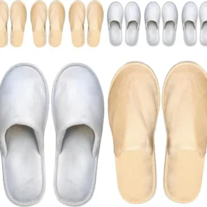 Indoor Spa Slippers 6 Pairs Large Crystal Velvet Unisex Washable, Non-Slip Closed Toe Disposable Slippers for Guests, Bathroom, Bedroom, Hotel, House, Bride, Travel and Shoeless Home (Grey & Beige)