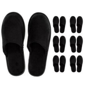 Modlux Spa Slippers – 6 Pairs of Cotton Velvet Closed Toe Slippers – Thick, Soft, Non-Slip, Disposable Slippers – Home, Hotel, or Commercial Use (6 Pack Large, Black)